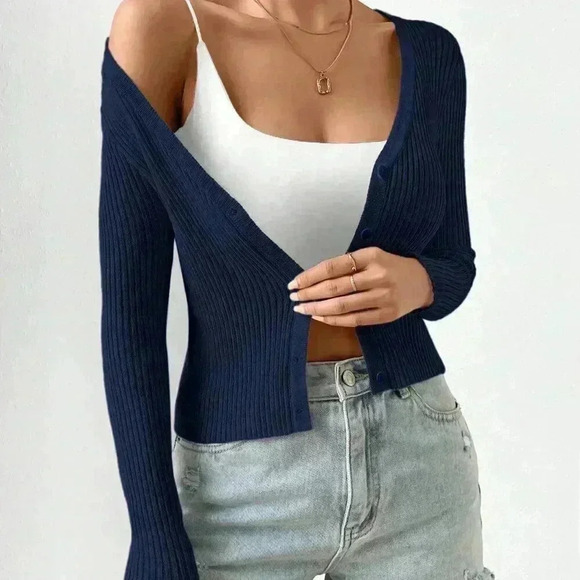 Navy Blue Casual Women's Slim Fit Ribbed Knit Button-Front Cardigan - Picture 5 of 6
